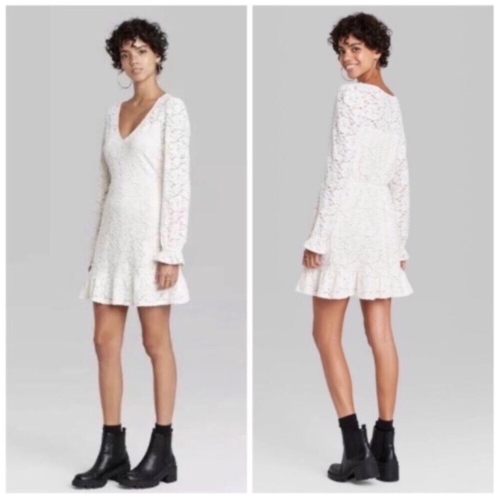 Wild Fable Cream Floral Lace Long Sleeve Skater Dress Size M